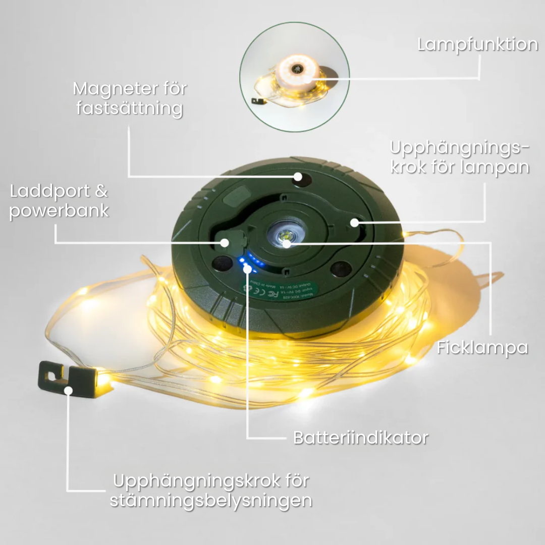 Camp Lamp | Allt-i-ett: Stämningsbelysning, Ficklampa & Powerbank